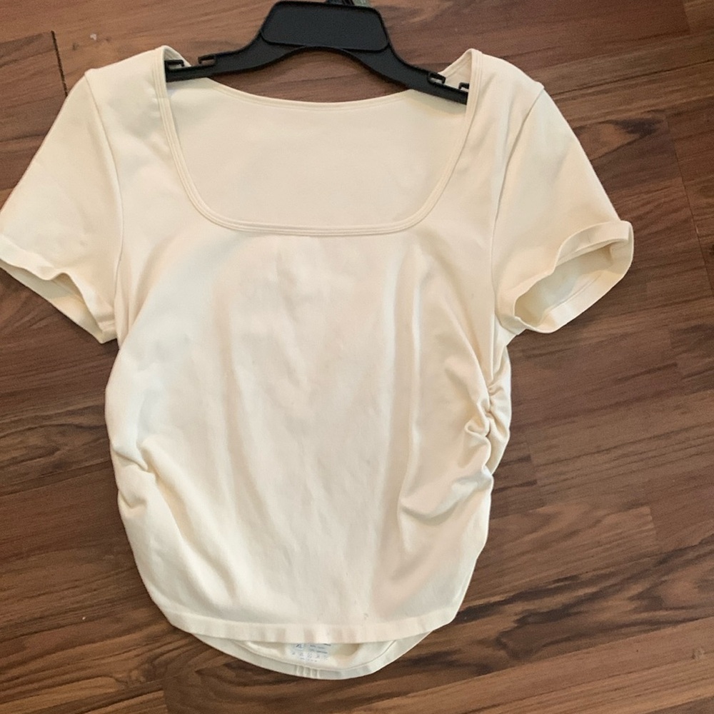 OQQ womens XL 90% nylon 10% spandex square neck synched waist mini cream top